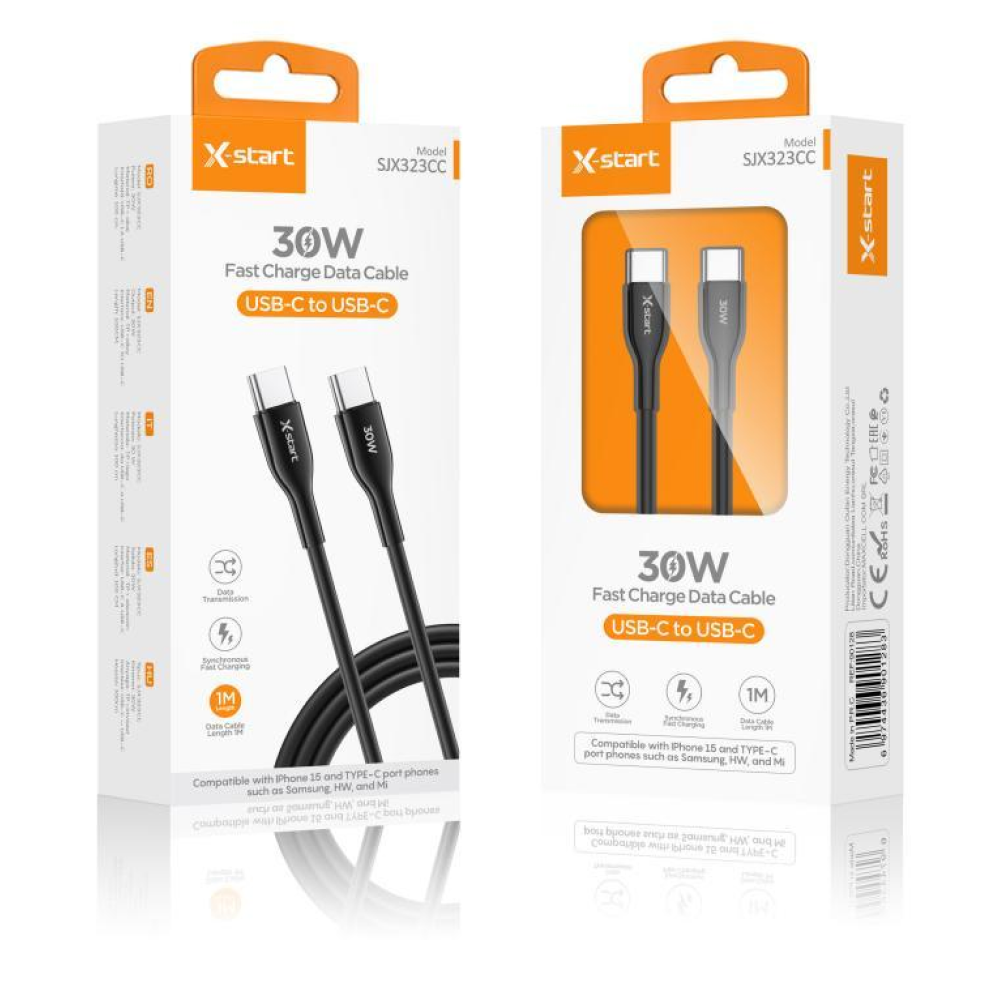 Cablu de încărcare rapidă SJX323CC USB-C la USB-C 30W, fabricat din silicon moale, cu design modern și conectori metalici durabili.