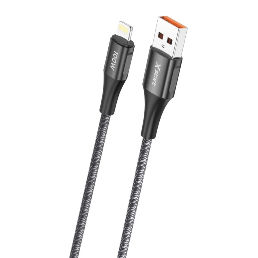 Cablu Lightning SJX321L de 100W cu textură împletită și capete din aliaj zinc, ideal pentru încărcare rapidă a dispozitivelor Apple.