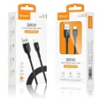 Cablu USB-A to Lightning SJX323L de 30W conectat la un iPhone, în timpul încărcării rapide.