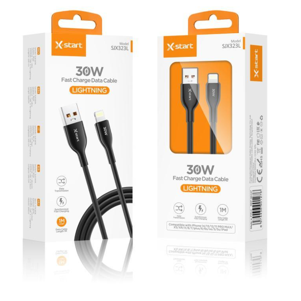 Cablu USB-A to Lightning SJX323L de 30W conectat la un iPhone, în timpul încărcării rapide.